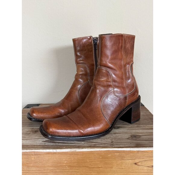 90s Vintage VIC MATIE Brown Leather Square Toe Block Heeled Ankle Boots Size 6.5 - Picture 1 of 14